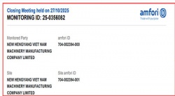 祝賀越南NEW HENGYANG VIET NAM MACHINERY MANUFACTURING COMPANY LIMITED2025年快速通過SGS-BSCI驗廠